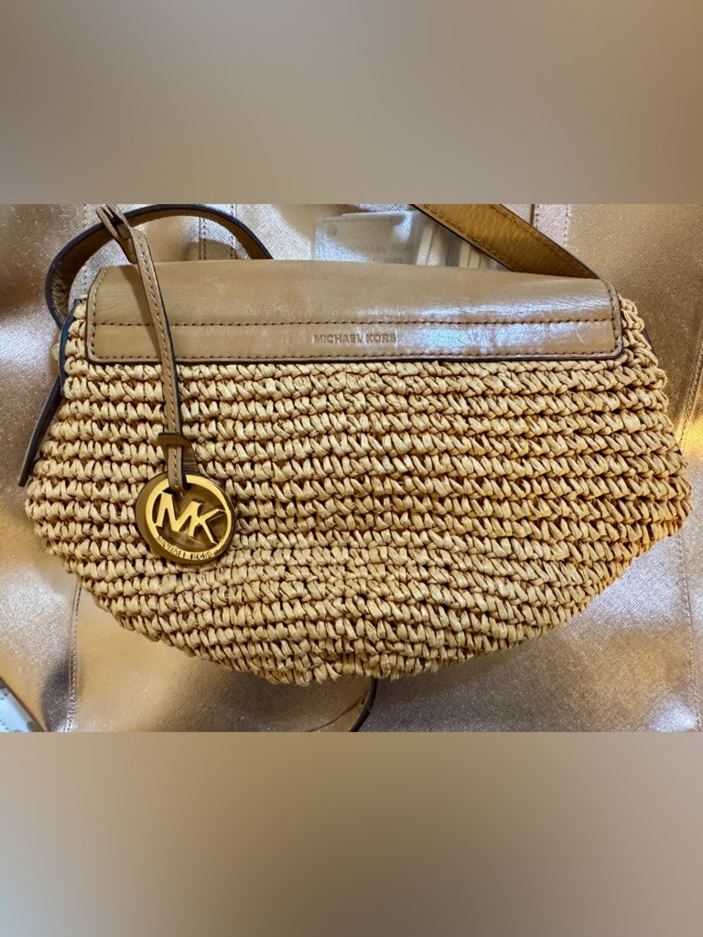 Authentic Michael Kors Tan Straw Crossbody Bag with Leather Trim L 9” x W 6” - Picture 3 of 8